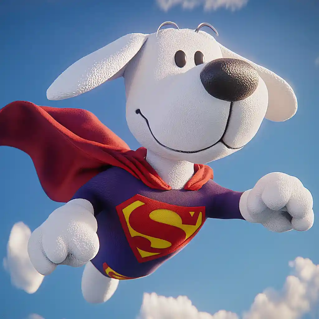 Realistic 3D dog superhero flying across the sky