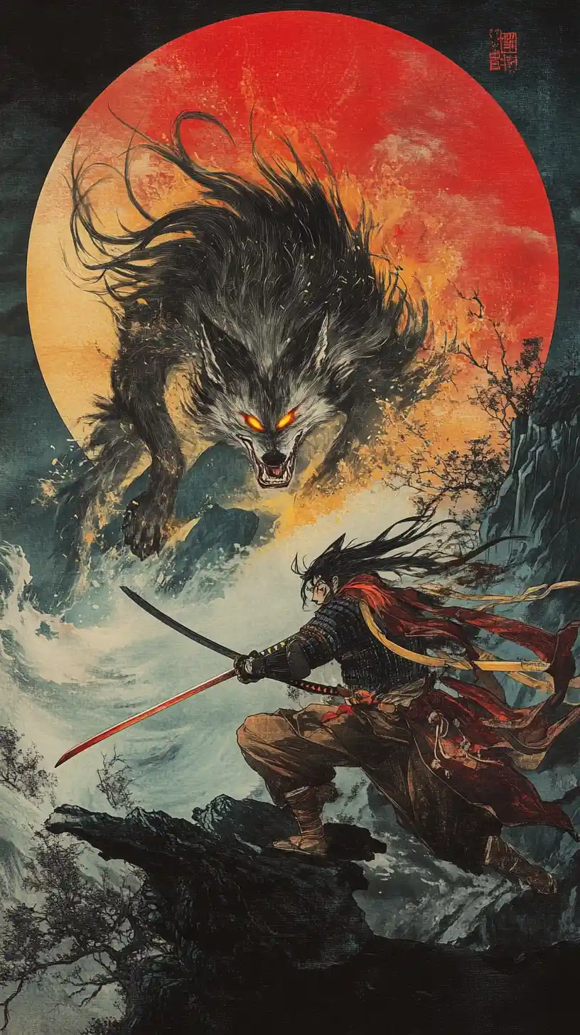 Samurái luchando contra zorro yokai de nueve colas bajo la luna de sangre
