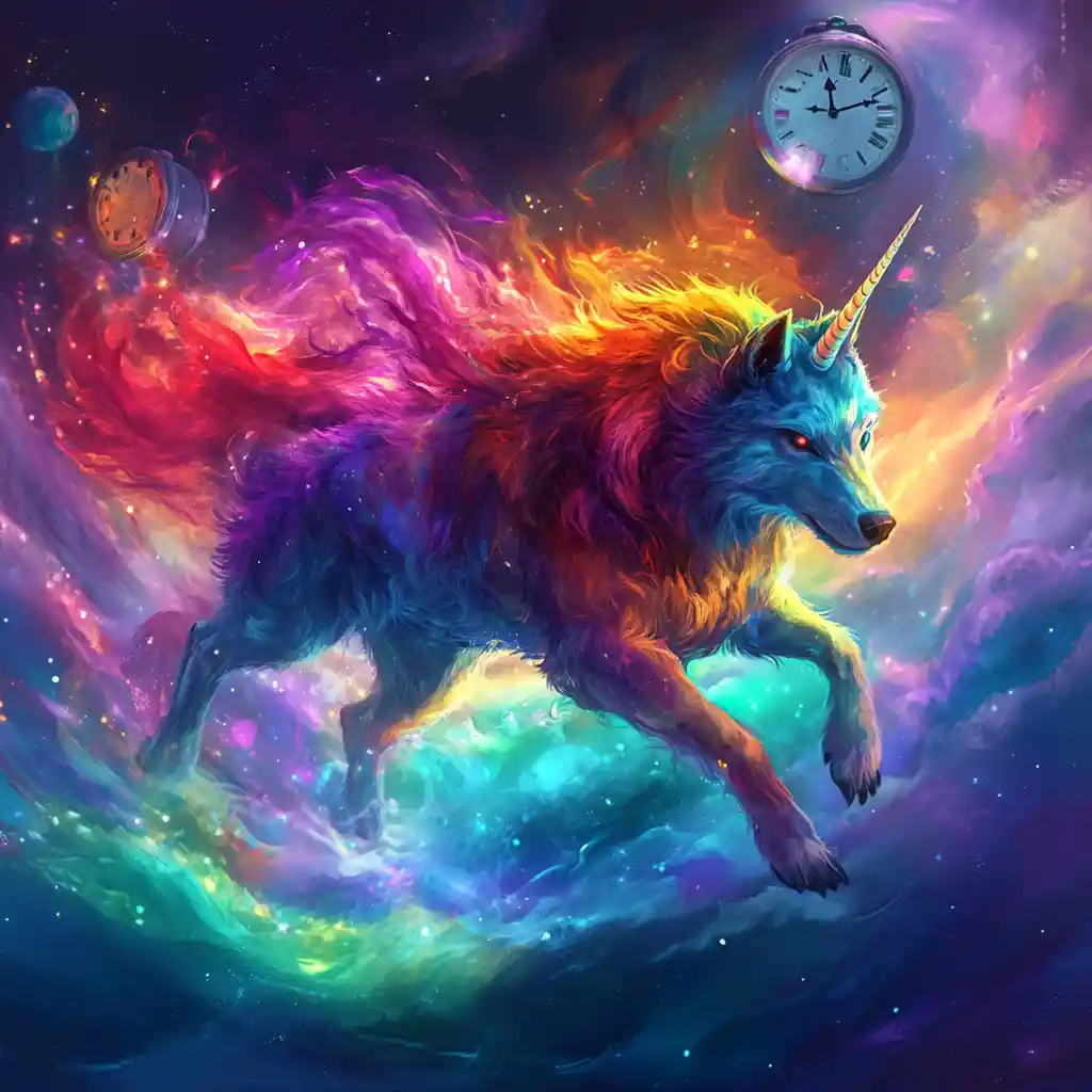 Lupo con corno arcobaleno che corre attraverso una galassia cosmica