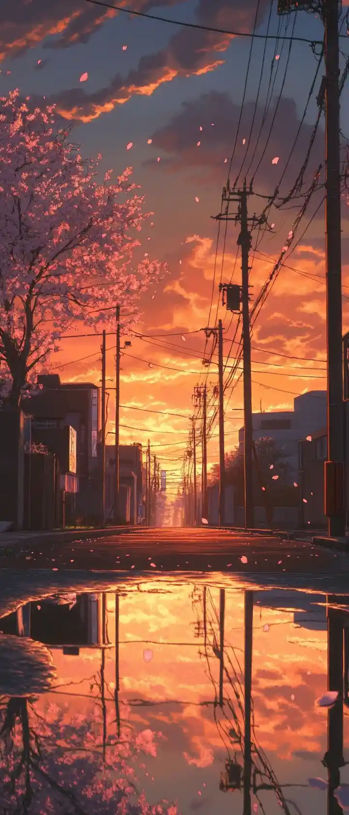 Peaceful anime sakura street at sunset with falling petals
