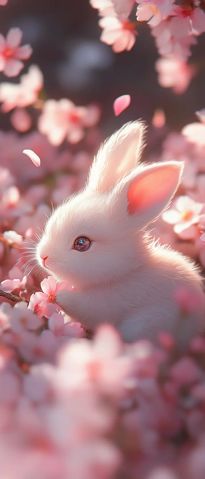 Cute anime baby rabbit in cherry blossom garden