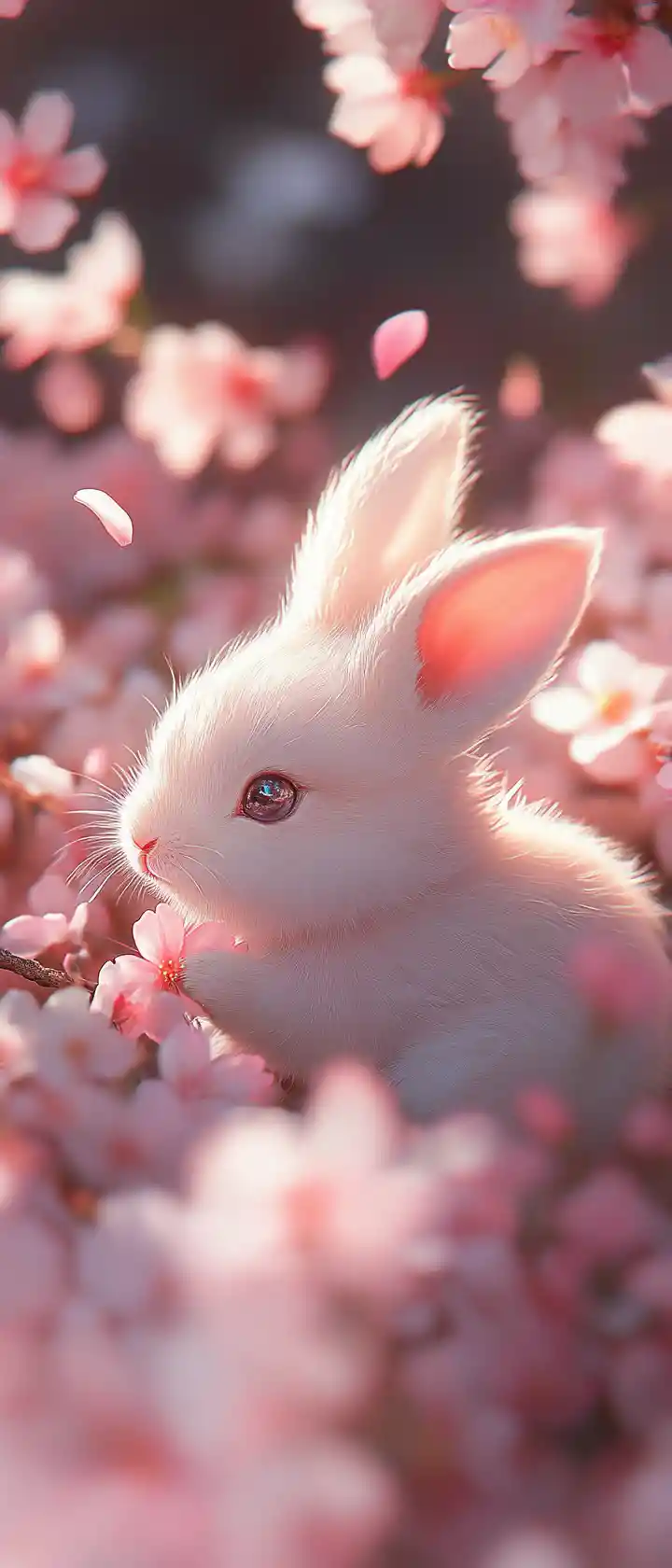Cute anime baby rabbit in cherry blossom garden