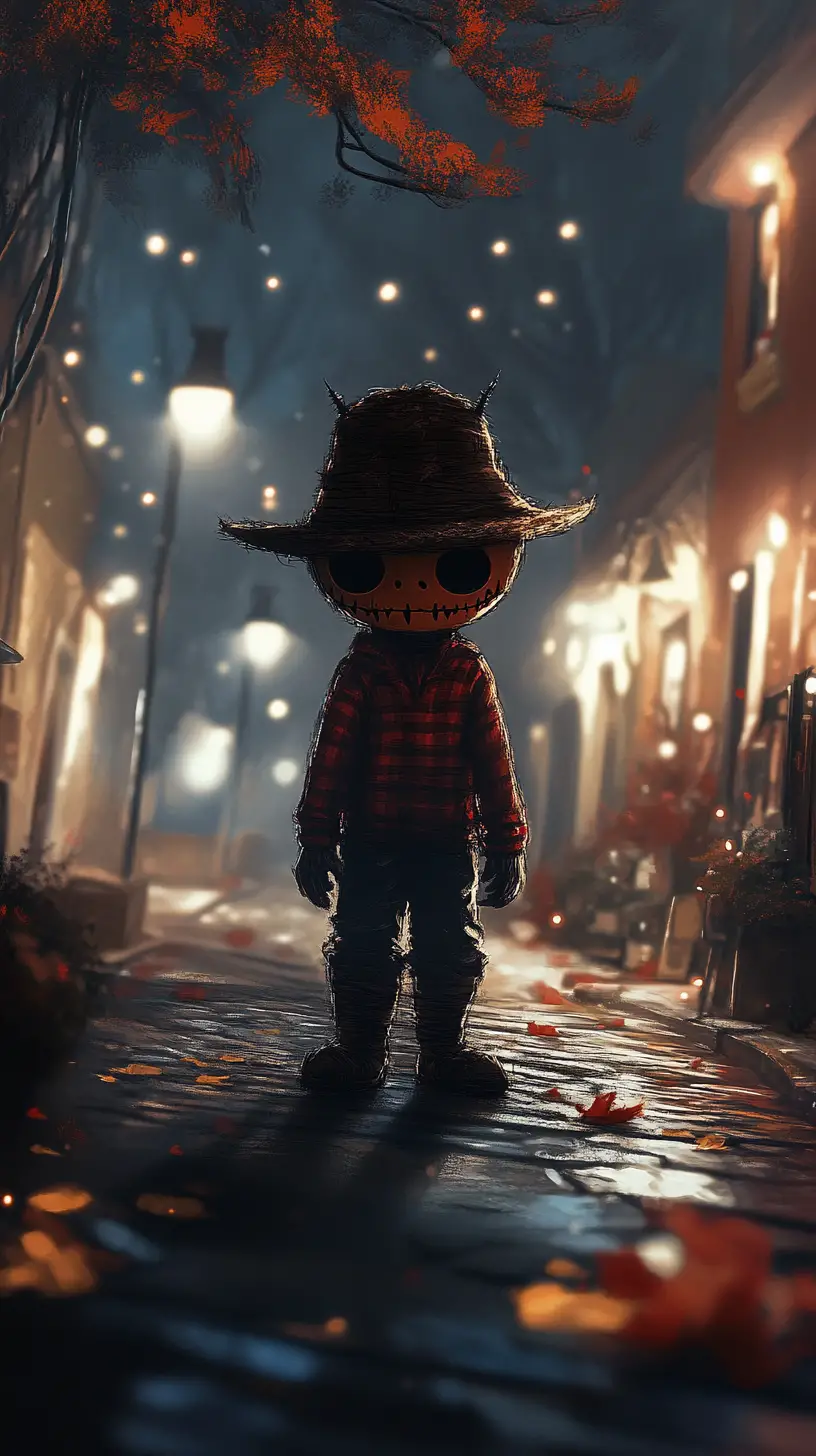 Cute chibi horror character standing alone on city street