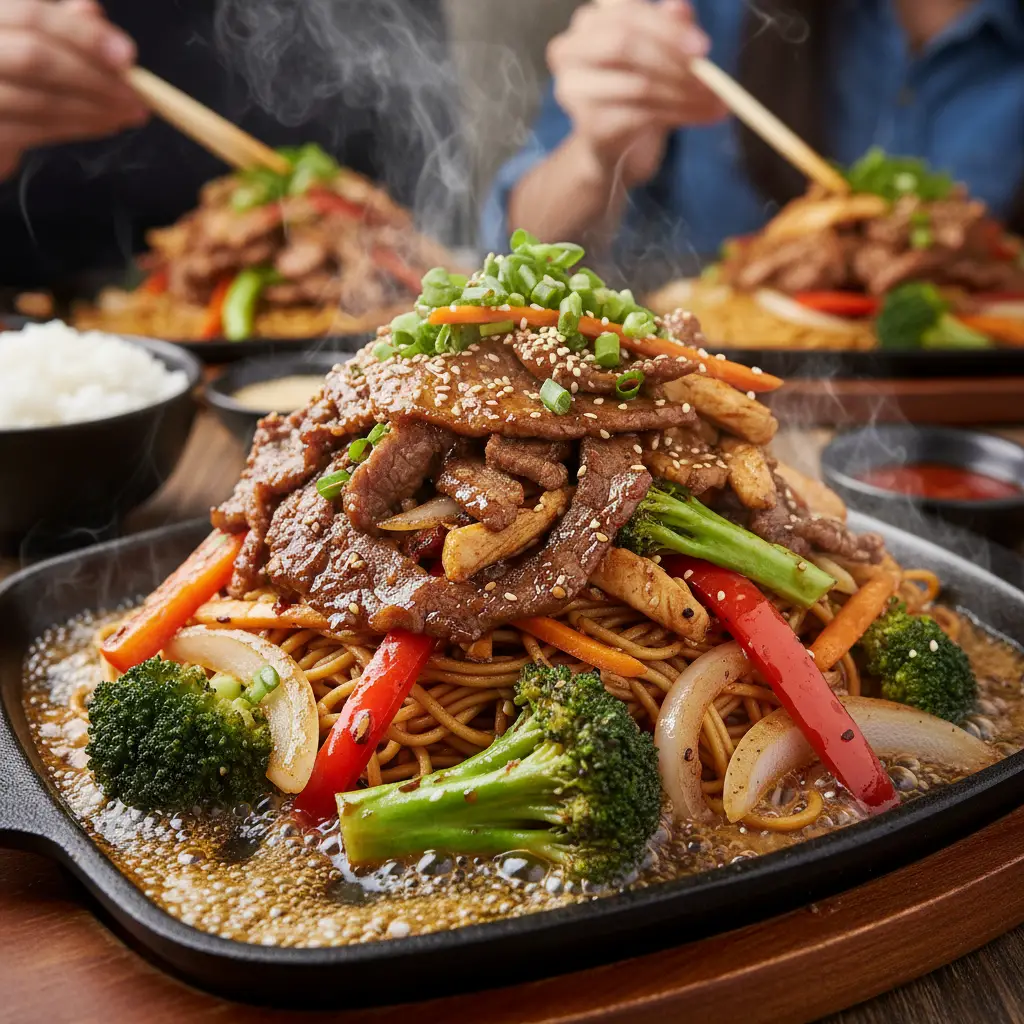 Colorful stir fry with meat and crisp vegetables sizzling