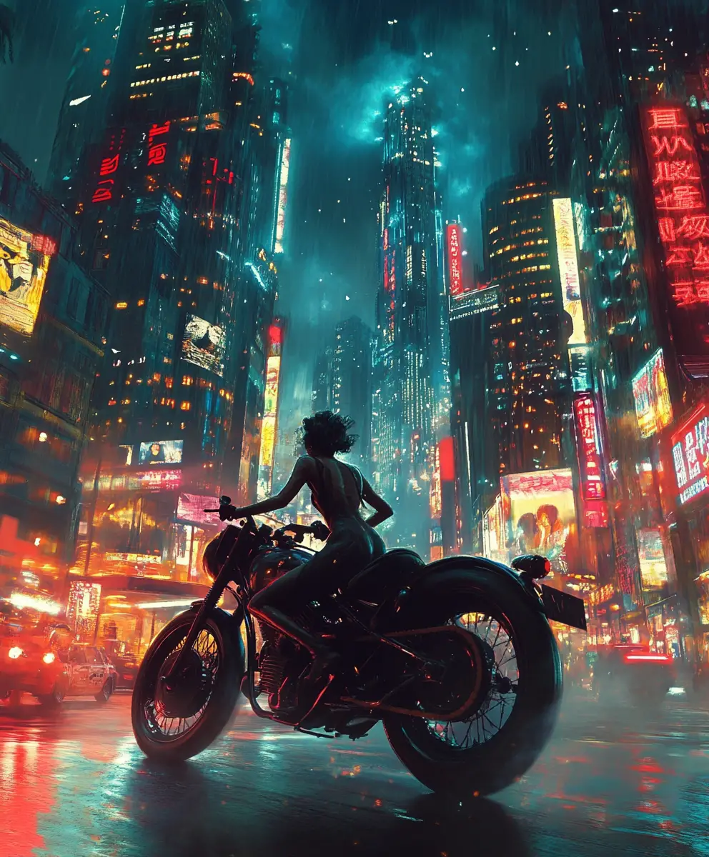 Vintage flapper woman riding motorcycle in futuristic city