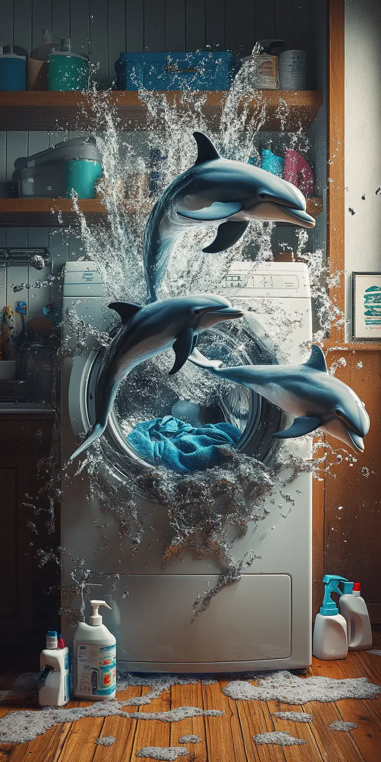 Playful dolphins bursting from a chaotic laundry machine
