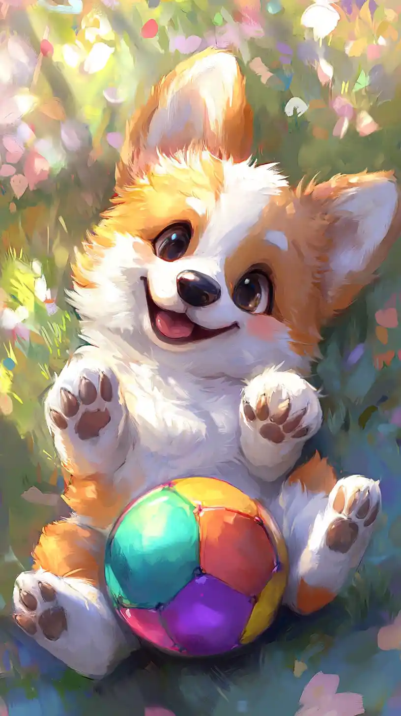 Cute chibi corgi resting on a colorful ball in anime style
