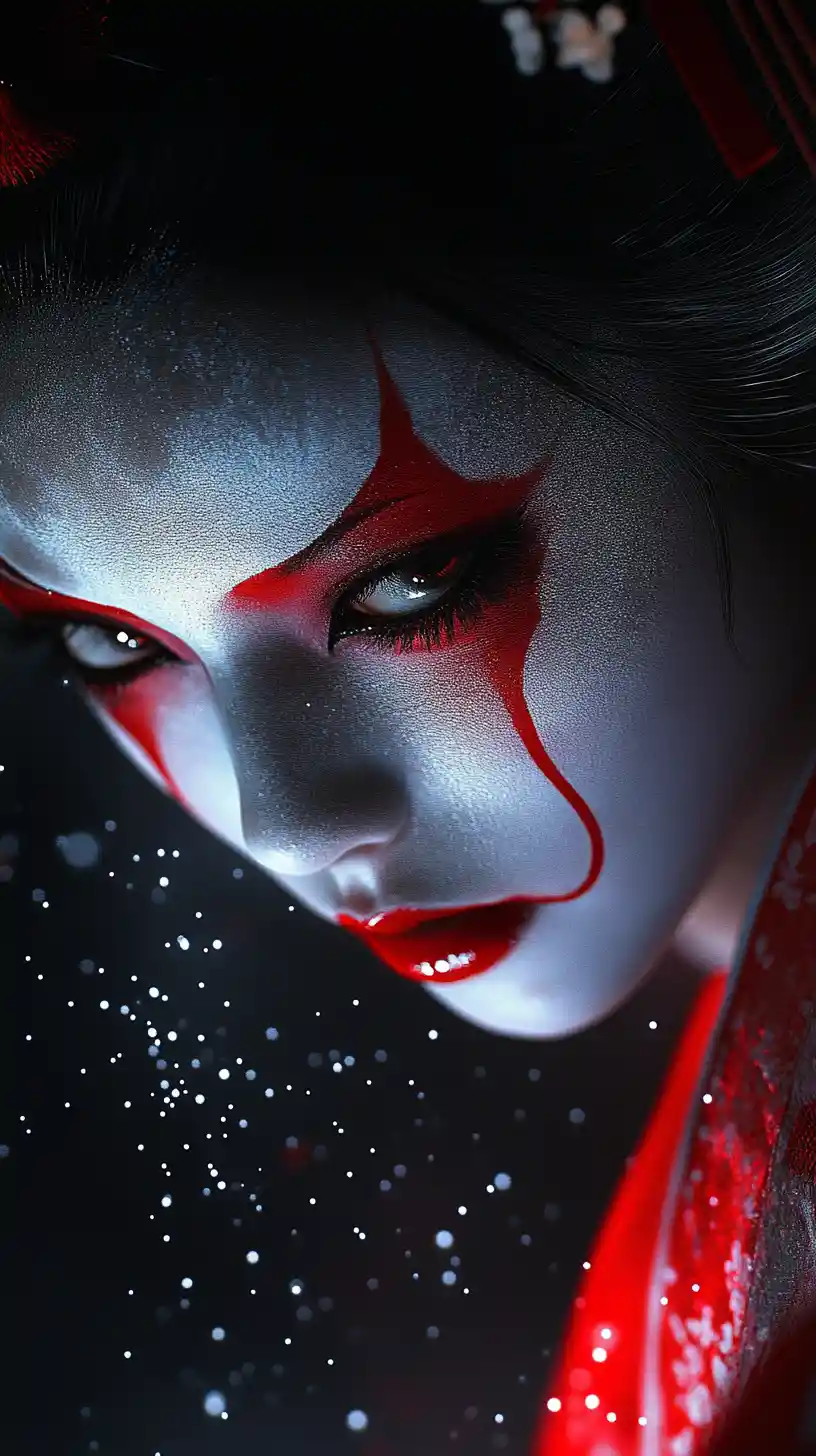 Japanese girl with dramatic face paint in dark mist