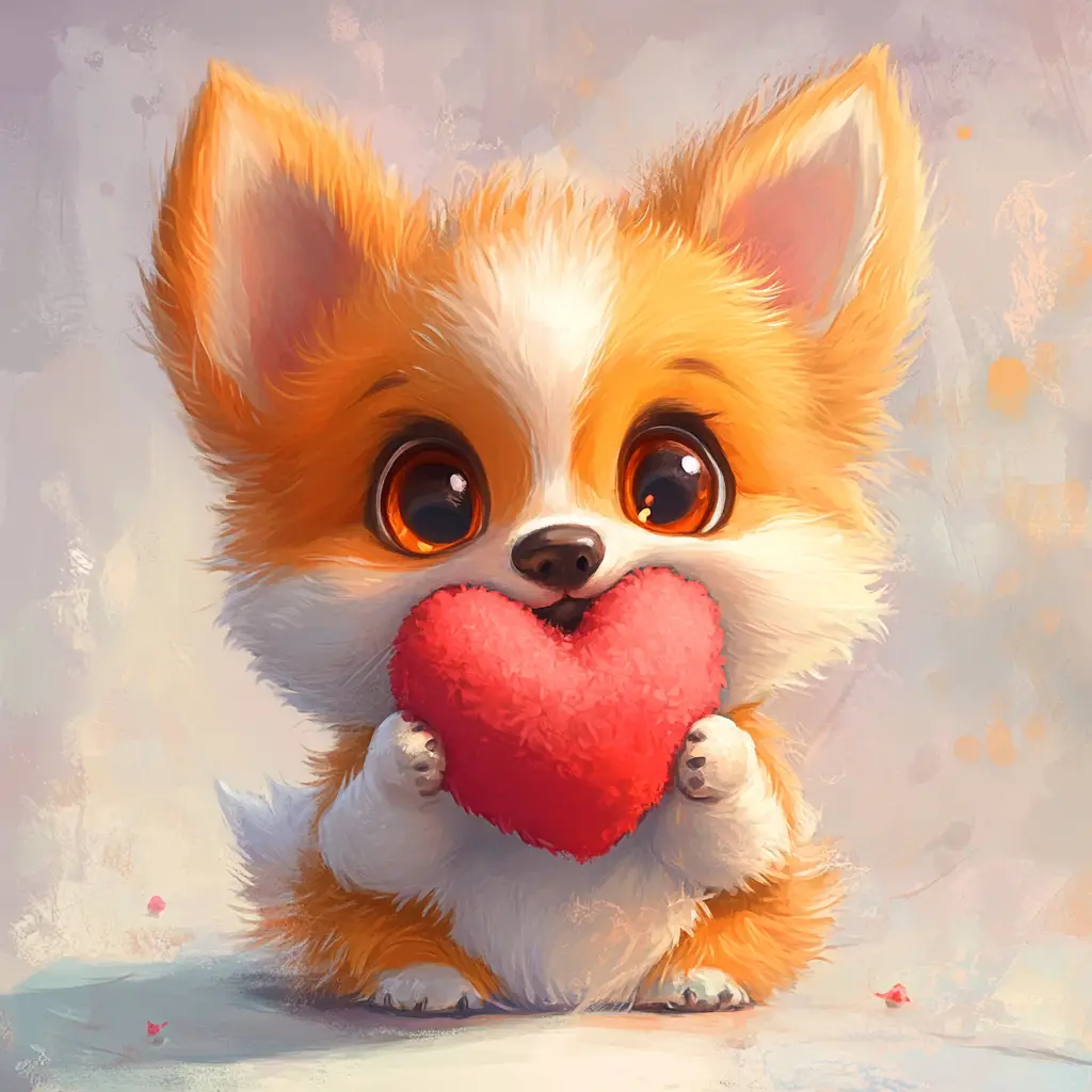 Adorable chibi corgi holding a plush heart in mouth