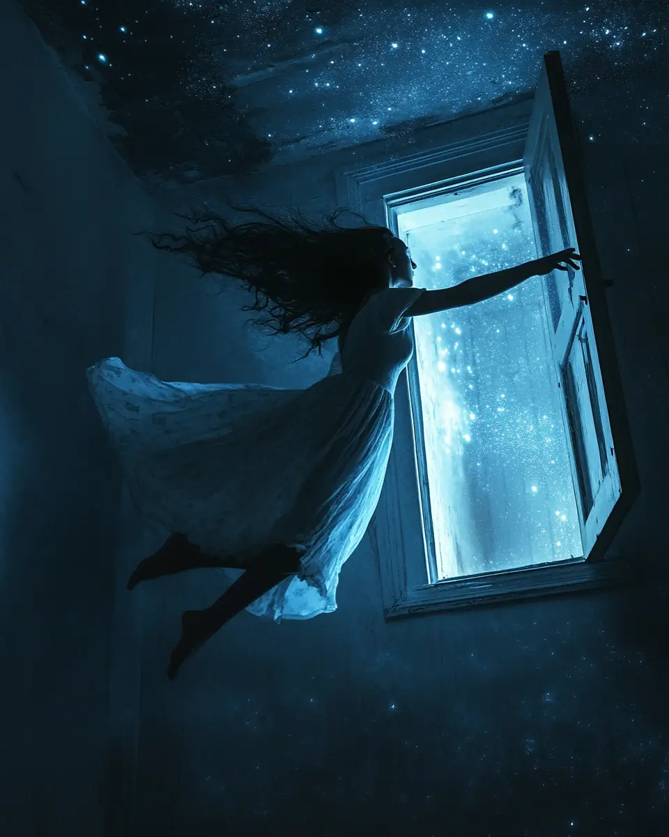 Woman Floating Toward A Glowing Door In Dreamy Darkness