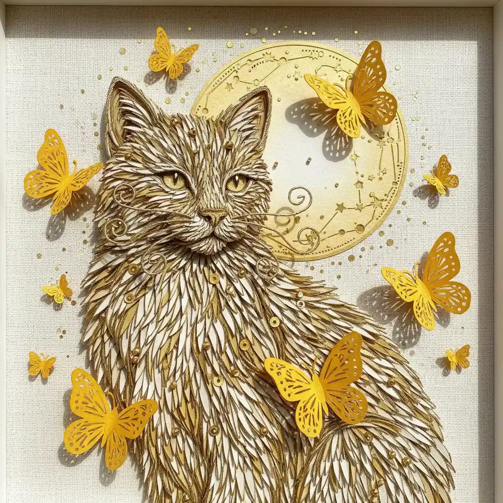 Luxurious paper art cat with golden butterflies