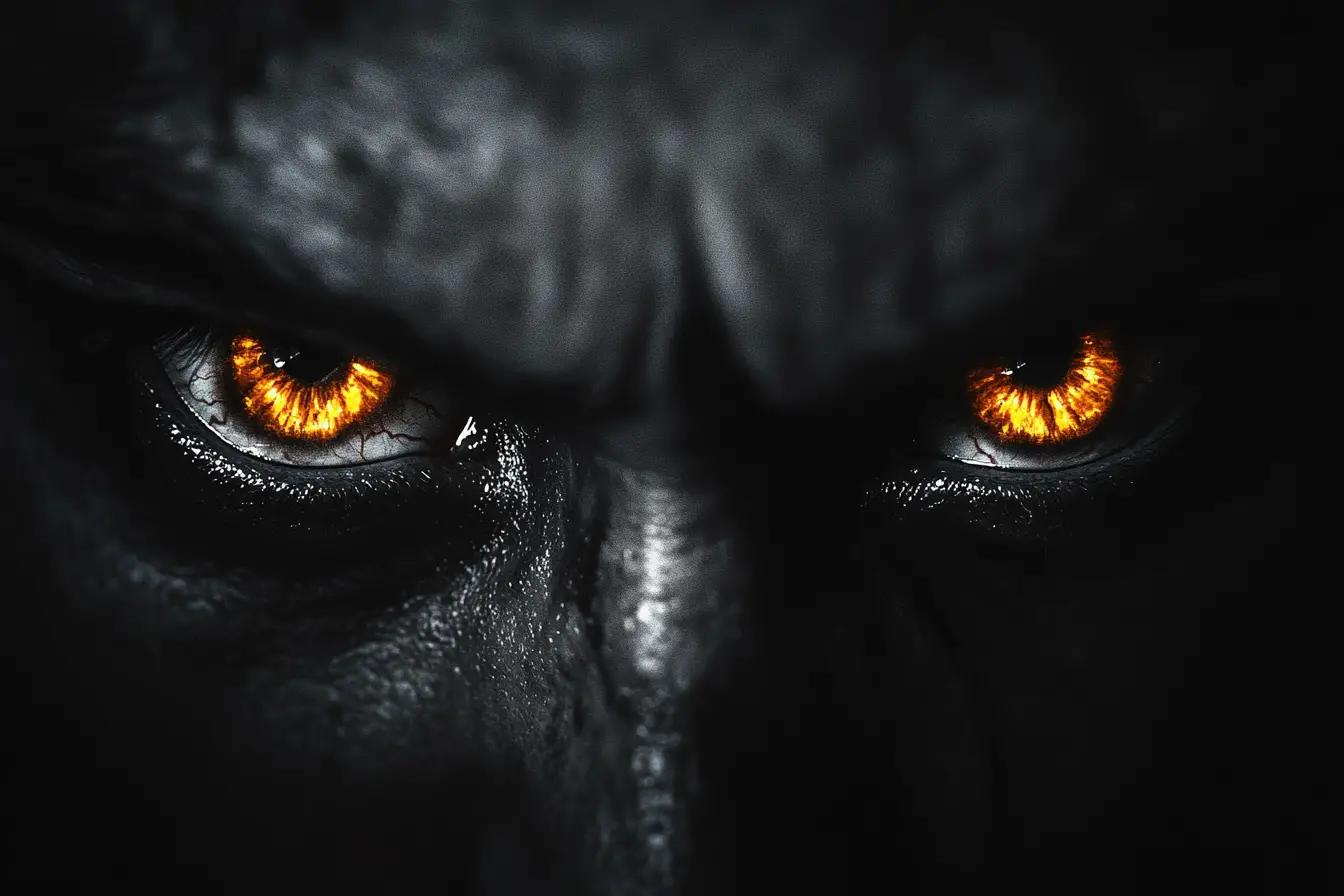 Close up of glowing evil male eyes in darkness
