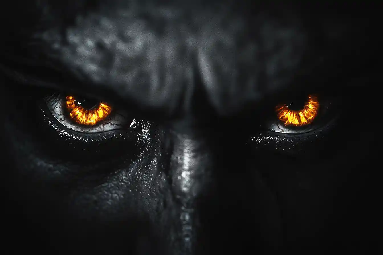 Close up of glowing evil male eyes in darkness