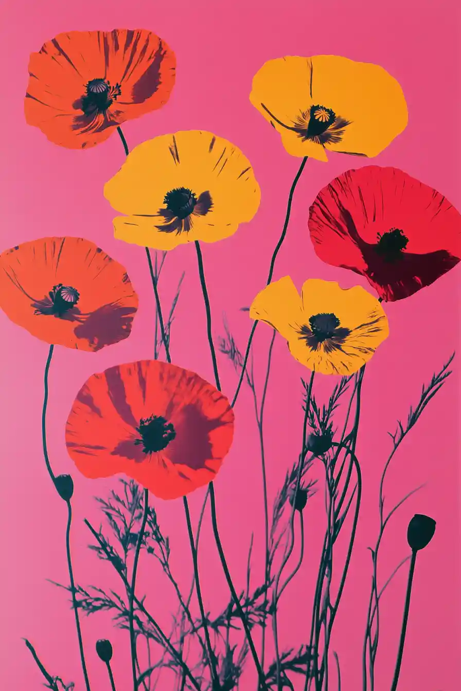 Pop art poppy flowers on neon pink abstract background