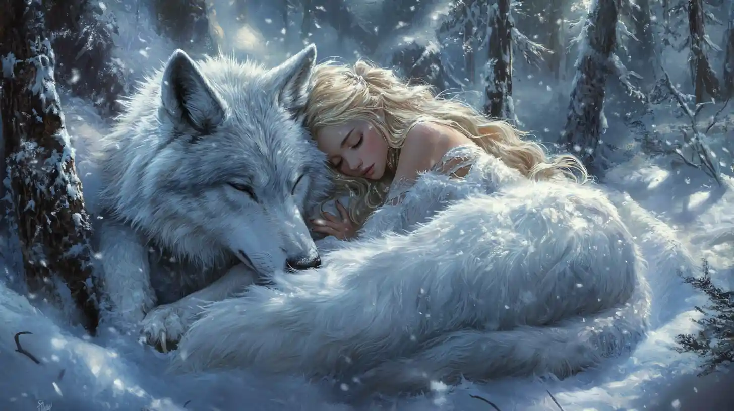 Winter forest fairy woman resting with white dire wolf