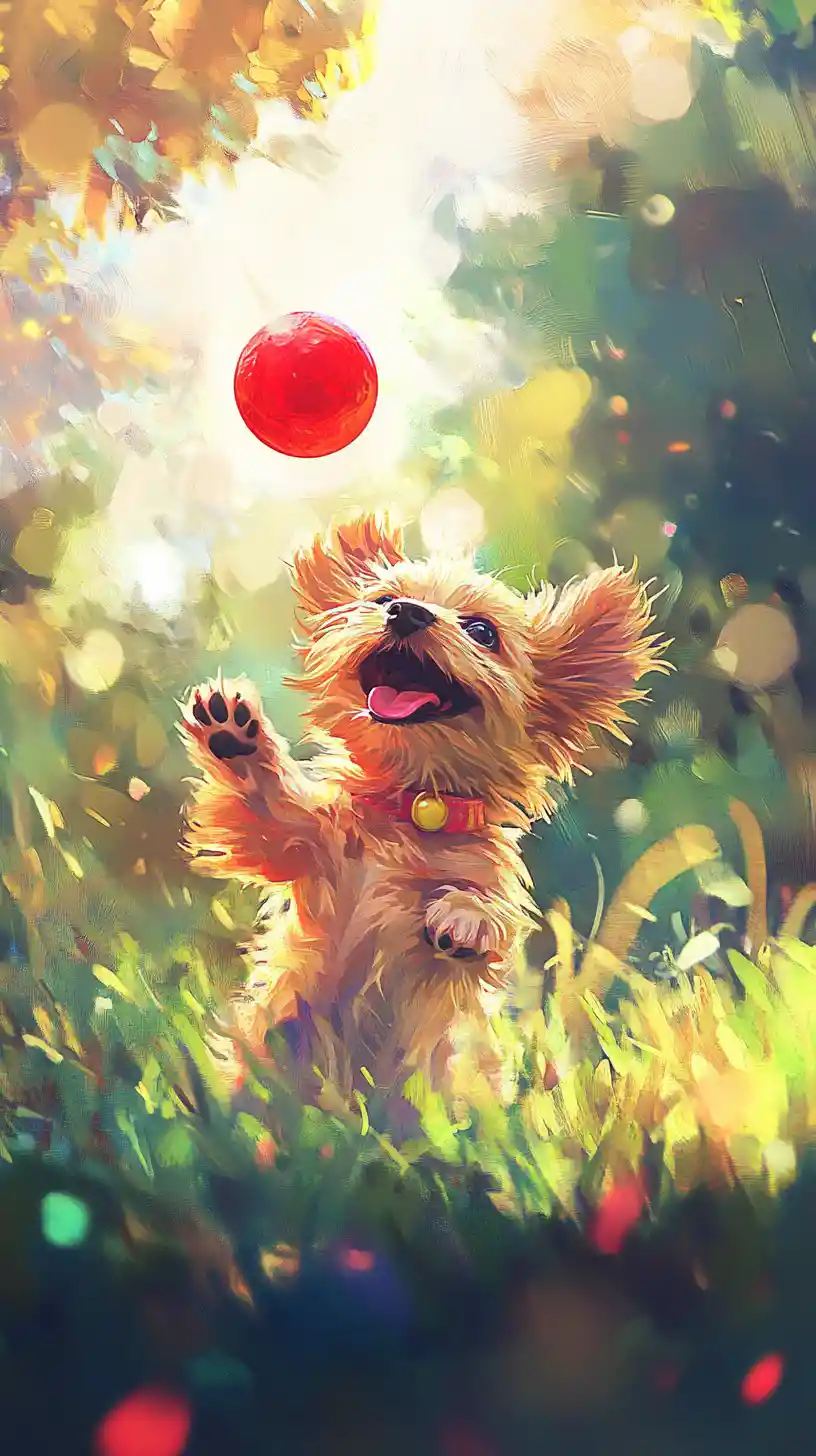 Playful puppy chasing a red ball in sunny meadow