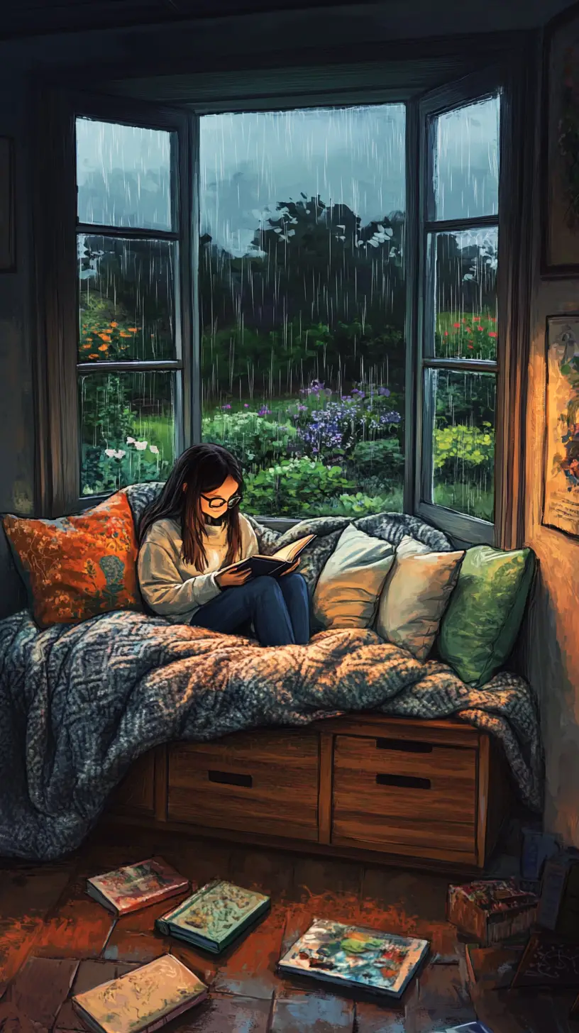 Girl Reading By A Rainy Window In A Cozy Nook