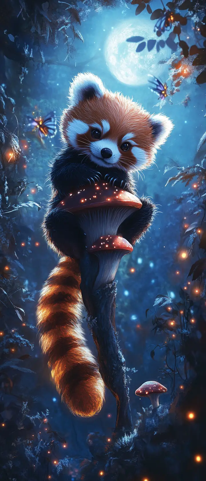 Anime red panda on glowing mushroom in moonlit meadow