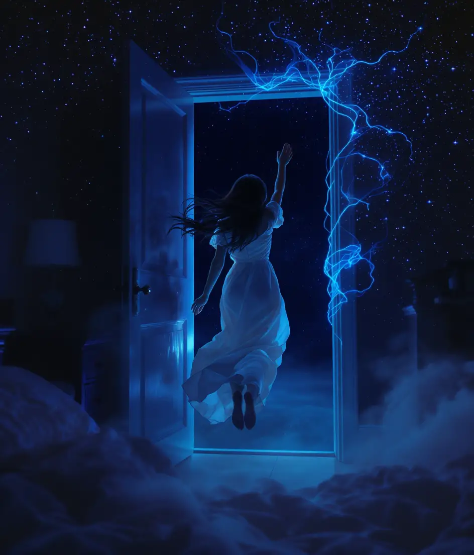 Woman floating toward an open bedroom door in twilight