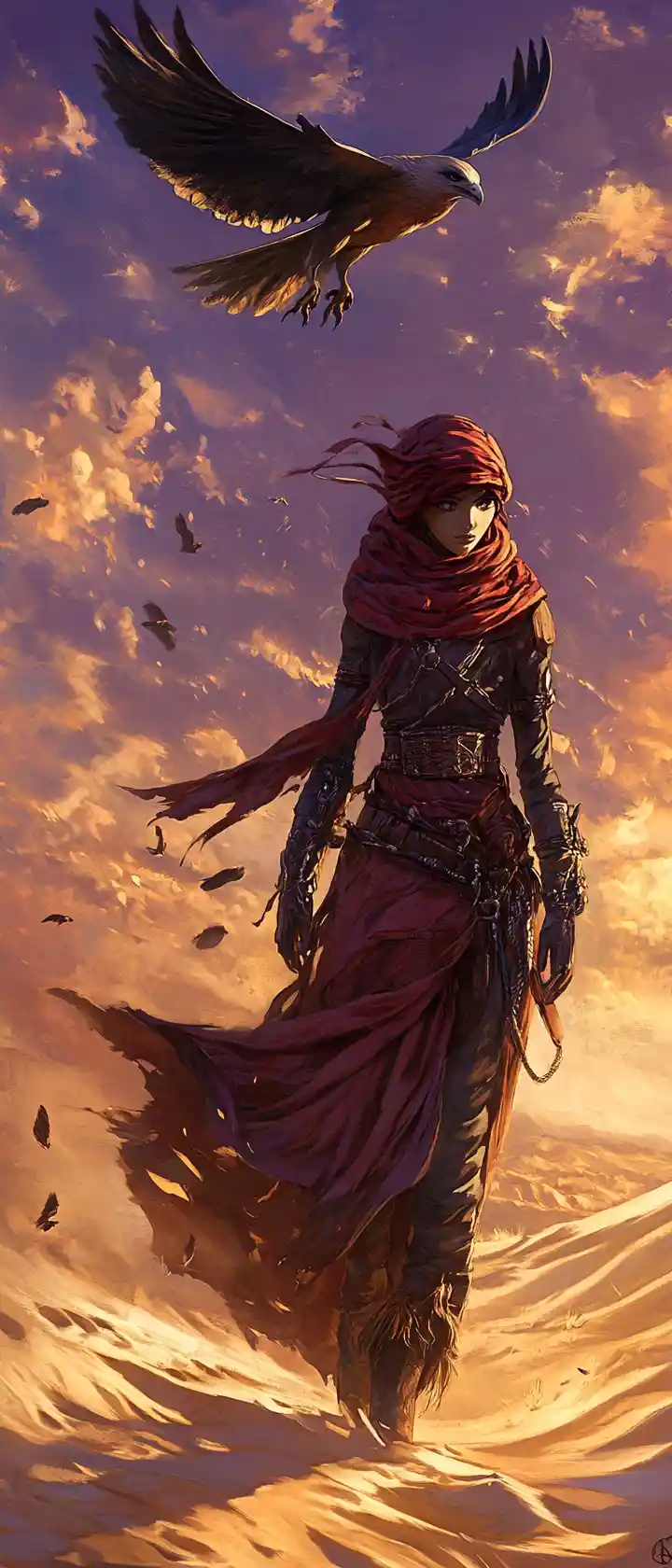 Falconiera in stile anime con sciarpa rossa sulle dune del deserto