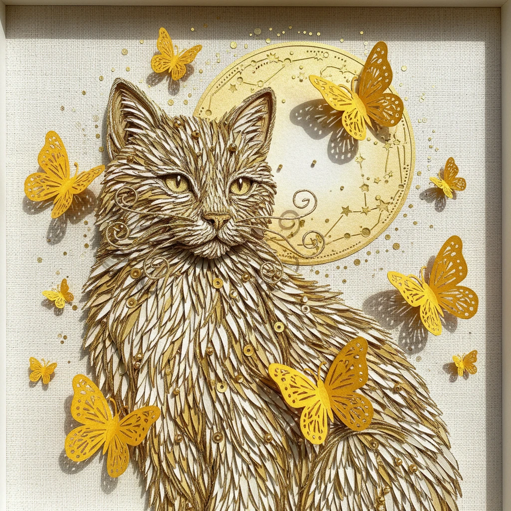 Gato lujoso en arte de papel con mariposas doradas