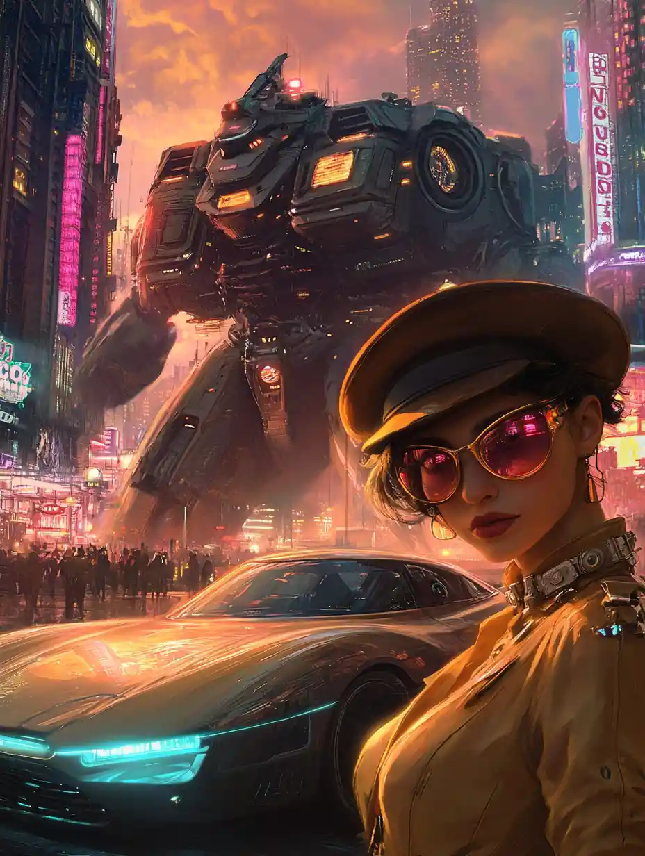 Vintage flapper woman beside futuristic supercar at sunset