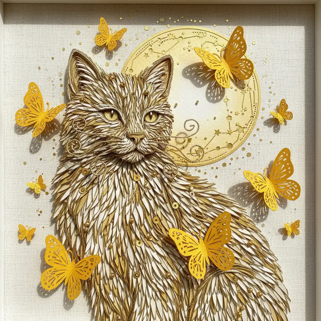 Luxurious paper art cat with golden butterflies