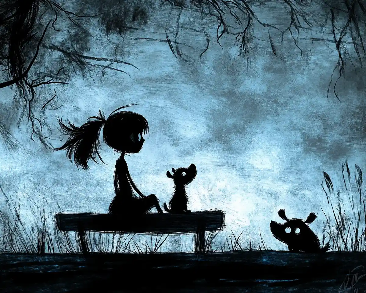 Thin girl with monster dog on a dark spooky beach