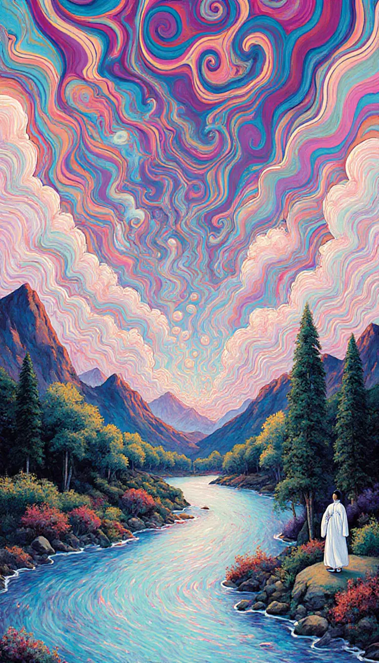 Fantasy river painting with distant mountains and trees