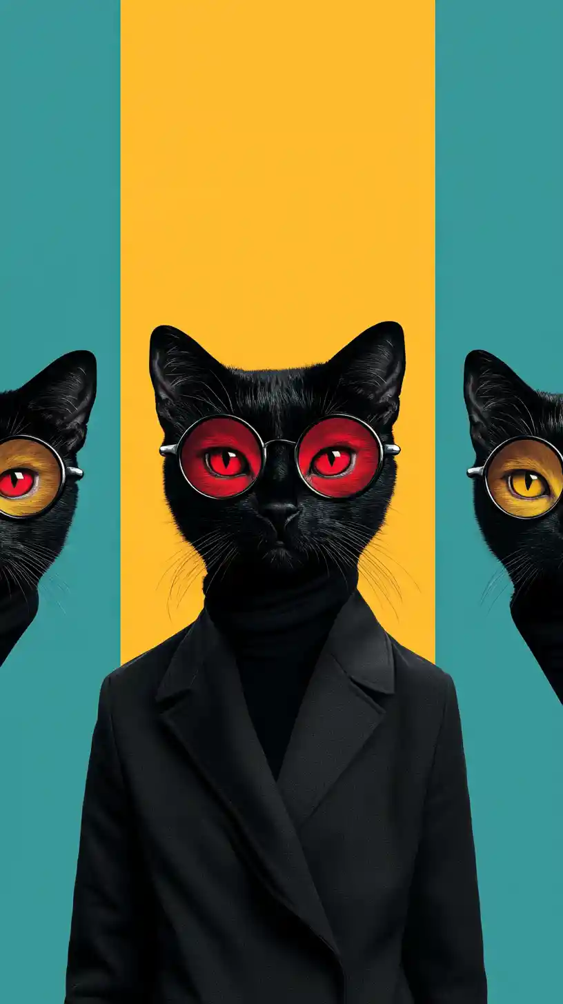 Surreal triptych of a black cat with crimson eyes