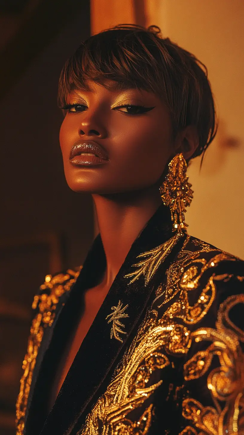 Cinematic studio portrait of a fashion woman in ornate blazer