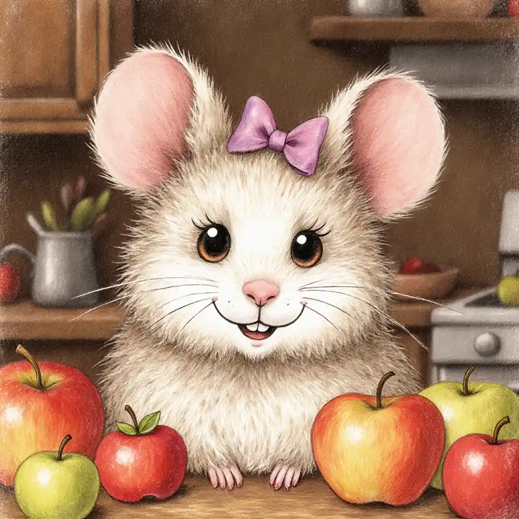 Whimsical storybook mouse with apples in rustic kitchen