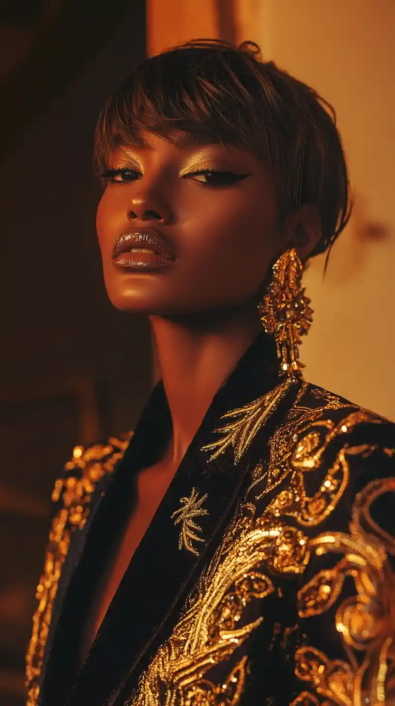 Cinematic studio portrait of a fashion woman in ornate blazer