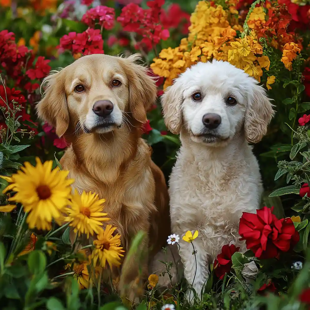 Cute group portrait of dogs in a flower garden