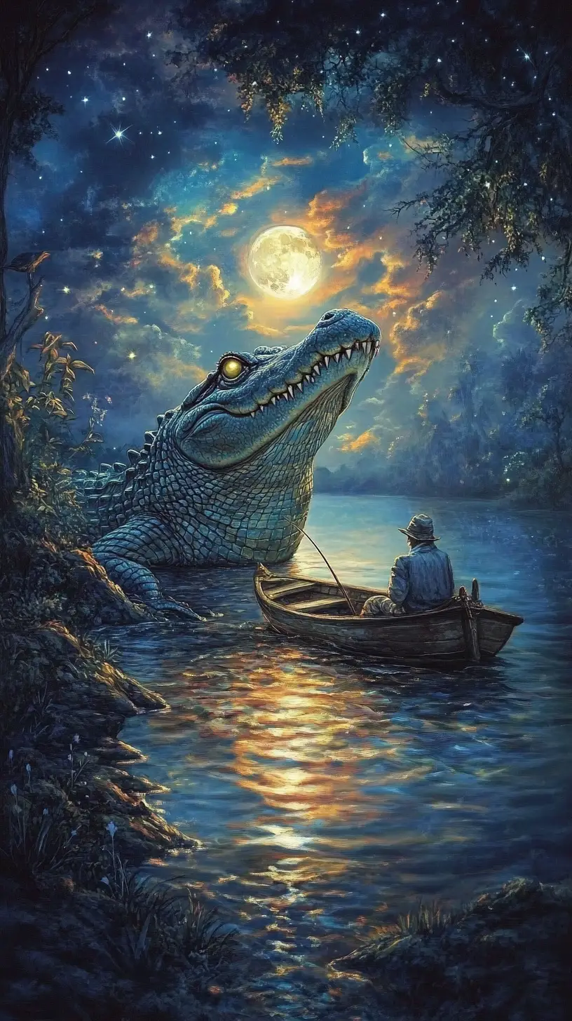 Moonlit crocodile and fisherman on a magical lake