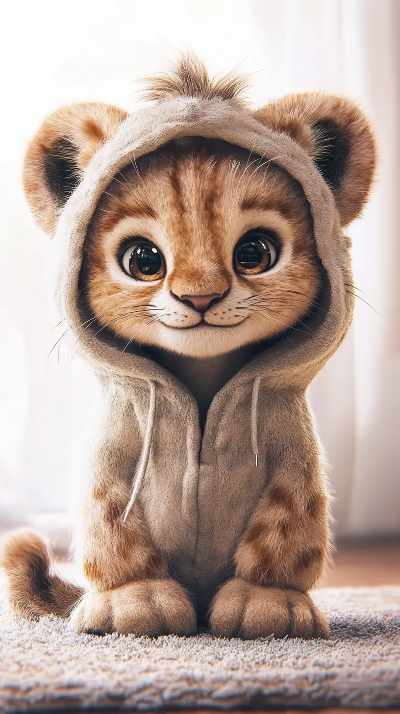 Cute lion cub in hoodie playing on soft carpet