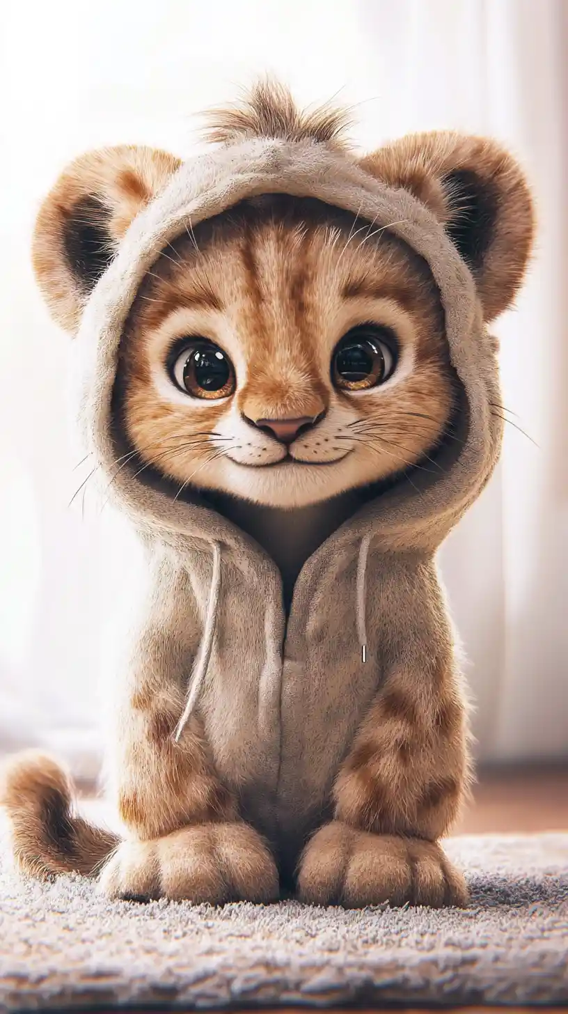 Süßes Löwenjunges im Hoodie, das auf weichem Teppich spielt