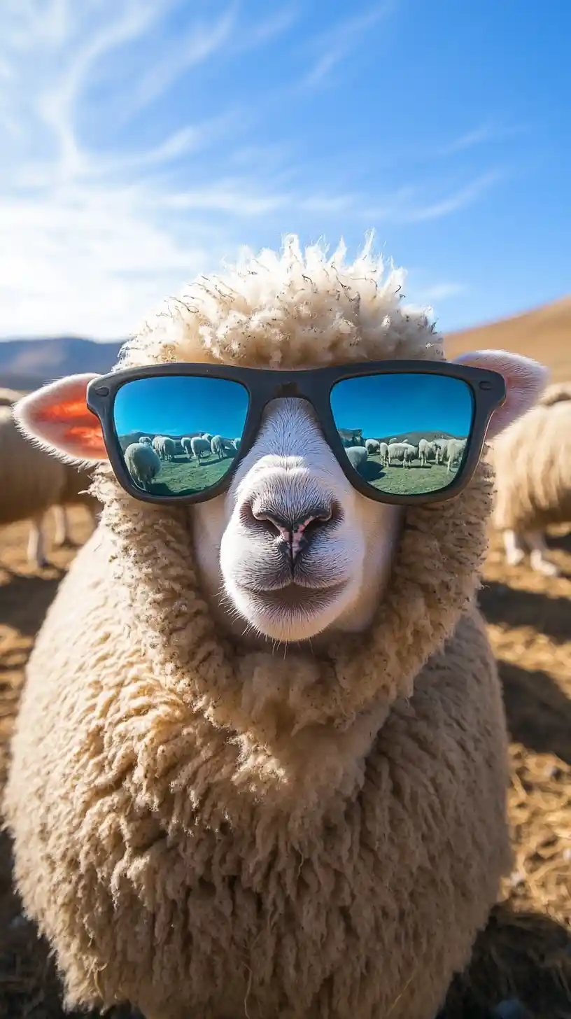 Smiling Sheep In Sunglasses In A Sunny Rural Landscape
