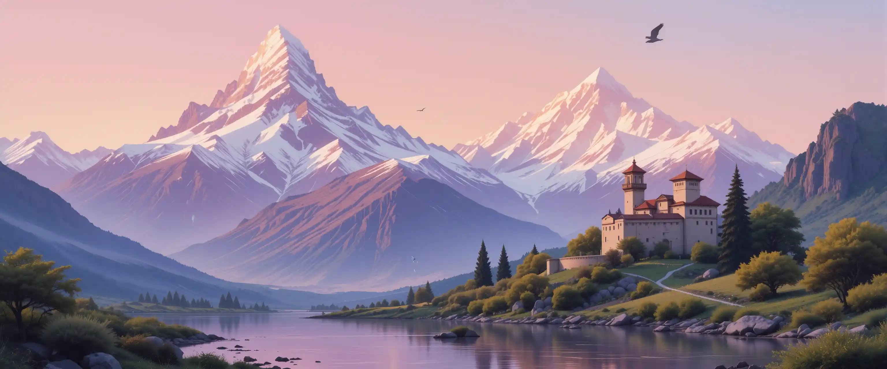 Mountain monastery beside a reflective lake at sunrise