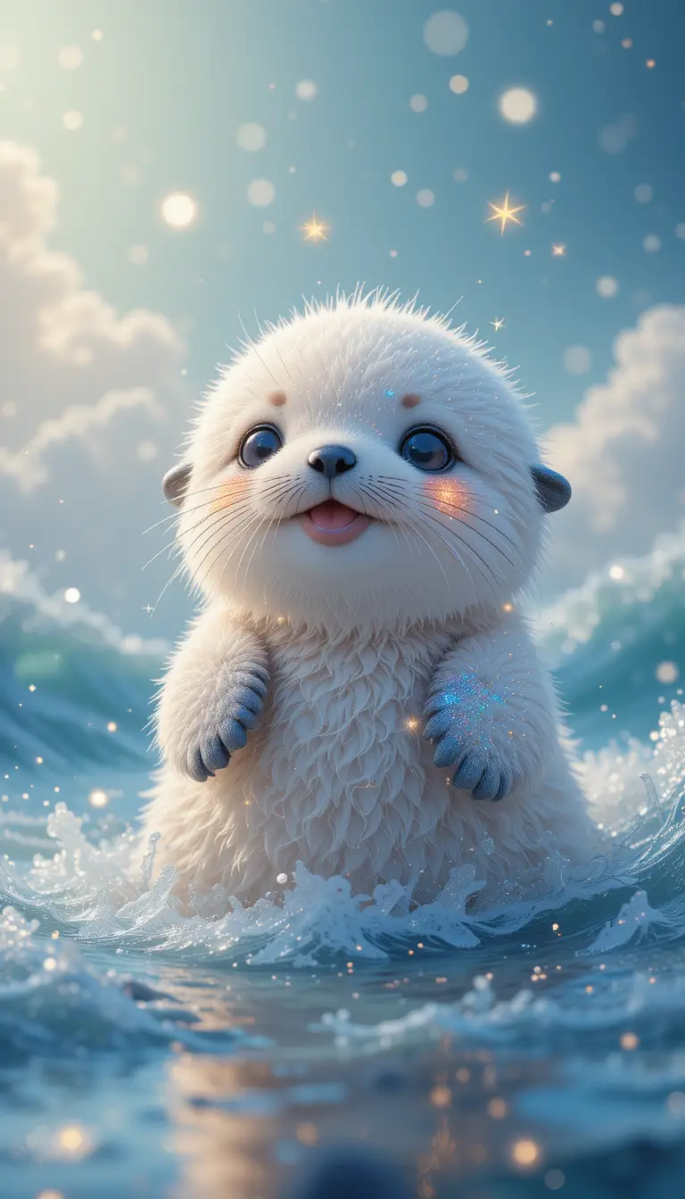 Cute fluffy seal pup smiling in a pastel ocean scene