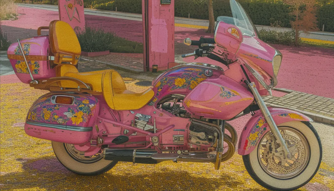 Elegant young woman on motorcycle in floral dress