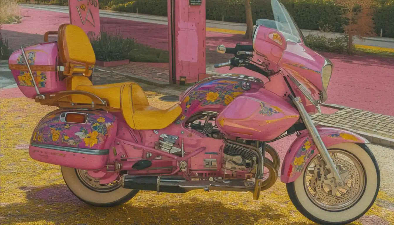Elegant young woman on motorcycle in floral dress