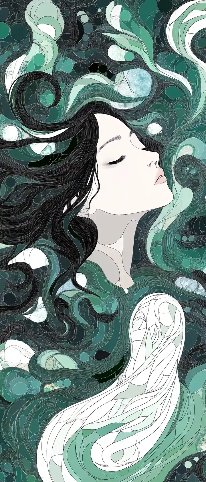 Anime woman mosaic portrait in green and teal tones