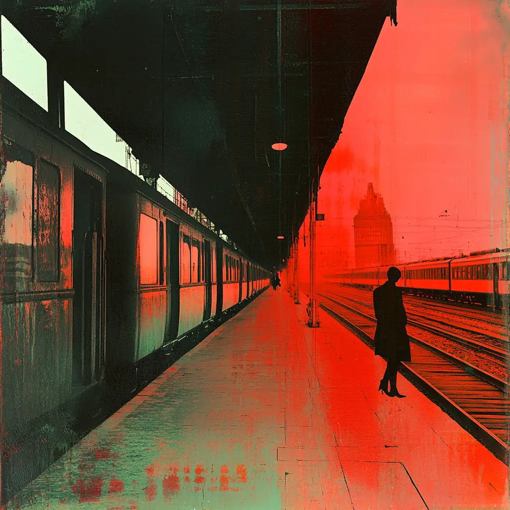Dadaist minimalist woman at a surreal train station