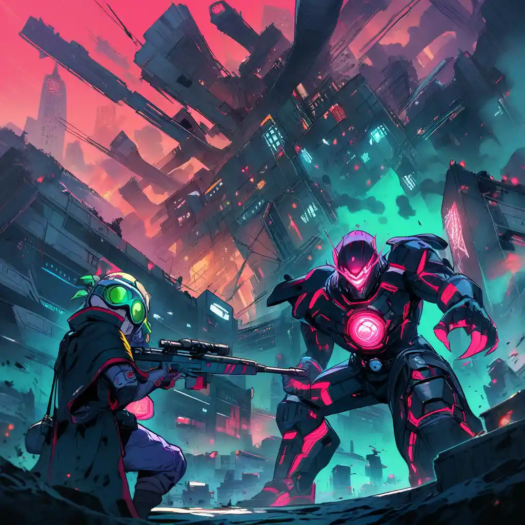 Rogue sniper aiming at alien war machine in ruins