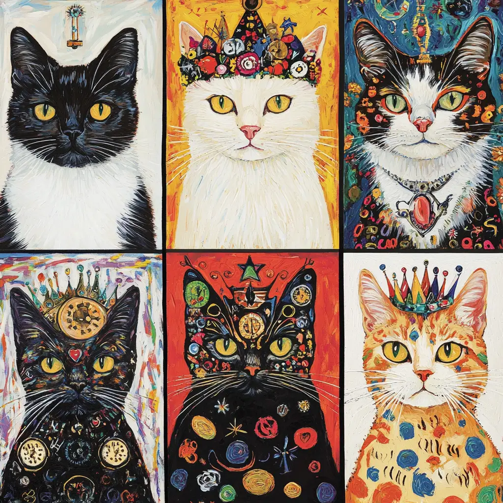 Six artistic cats in a minimalist white studio scene