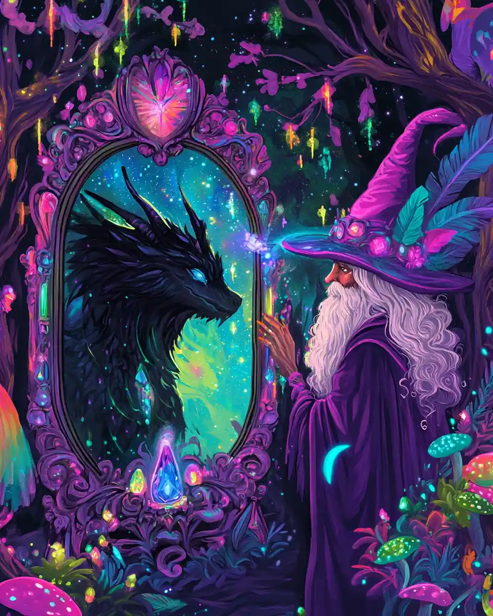 Whimsical Dragon At Enchanted Mirror In Moonlit Forest