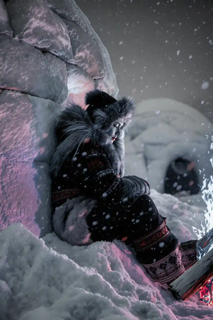 Young eskimo woman by fire in snowy alaska scene