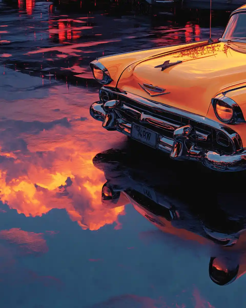 Digital illustration of classic cars on rainy sunset street
