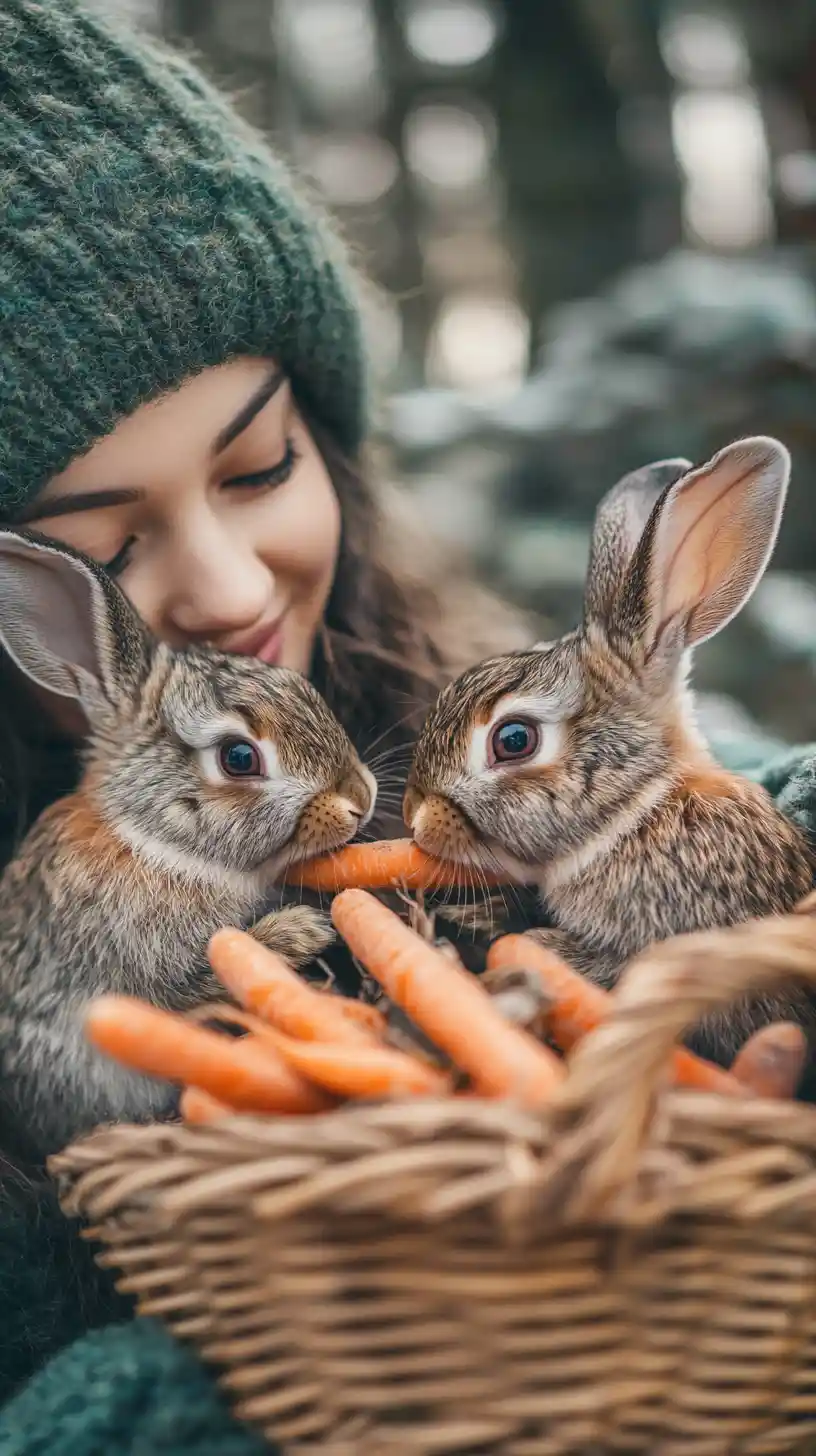 Young woman feeding rabbits with carrots in winter forest